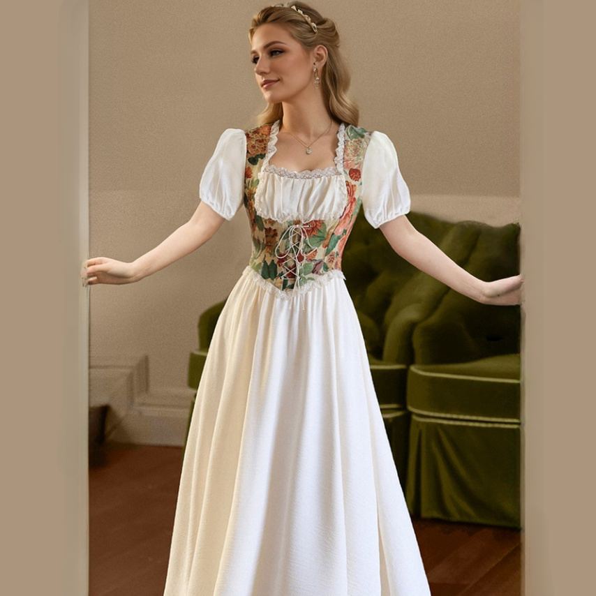 Elegant Cottage Style Princess Dresses Woman Vintage Chic Painting Corset Dress